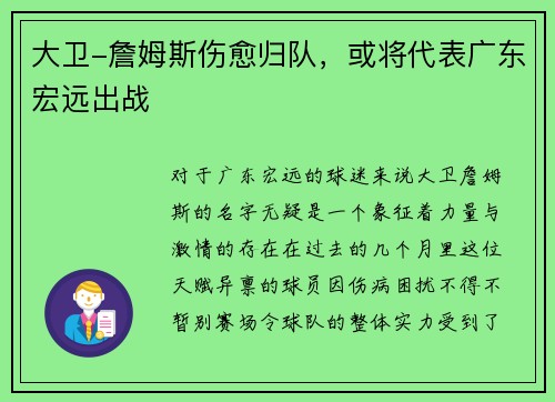 大卫-詹姆斯伤愈归队，或将代表广东宏远出战