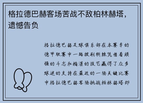格拉德巴赫客场苦战不敌柏林赫塔，遗憾告负