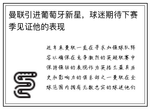 曼联引进葡萄牙新星，球迷期待下赛季见证他的表现
