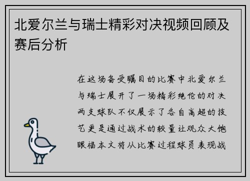 北爱尔兰与瑞士精彩对决视频回顾及赛后分析