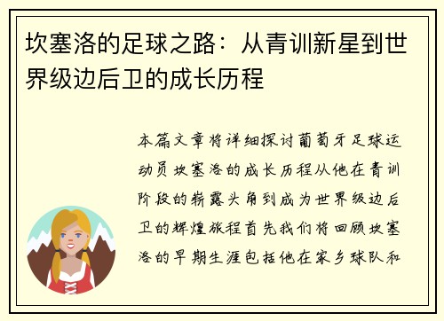 坎塞洛的足球之路：从青训新星到世界级边后卫的成长历程