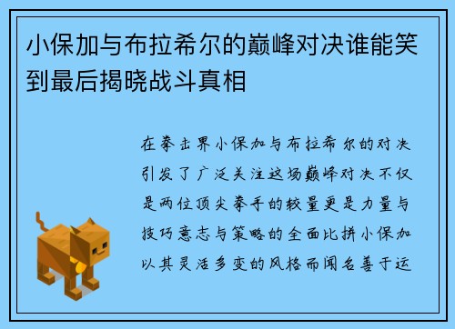 小保加与布拉希尔的巅峰对决谁能笑到最后揭晓战斗真相
