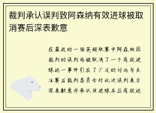 裁判承认误判致阿森纳有效进球被取消赛后深表歉意
