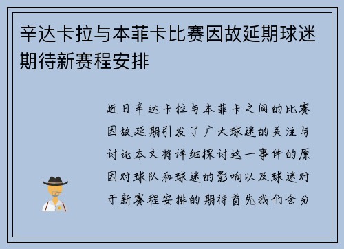 辛达卡拉与本菲卡比赛因故延期球迷期待新赛程安排