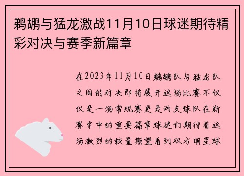 鹈鹕与猛龙激战11月10日球迷期待精彩对决与赛季新篇章