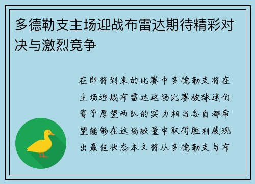 多德勒支主场迎战布雷达期待精彩对决与激烈竞争