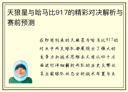 天狼星与哈马比917的精彩对决解析与赛前预测