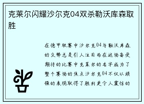 克莱尔闪耀沙尔克04双杀勒沃库森取胜