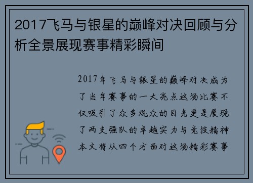 2017飞马与银星的巅峰对决回顾与分析全景展现赛事精彩瞬间