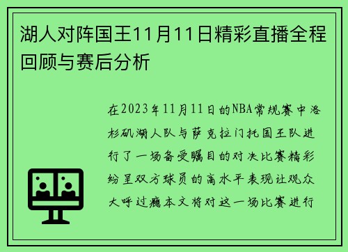 湖人对阵国王11月11日精彩直播全程回顾与赛后分析