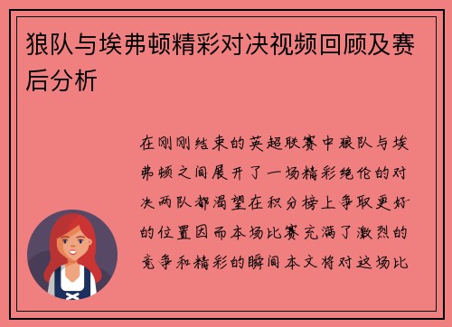 狼队与埃弗顿精彩对决视频回顾及赛后分析