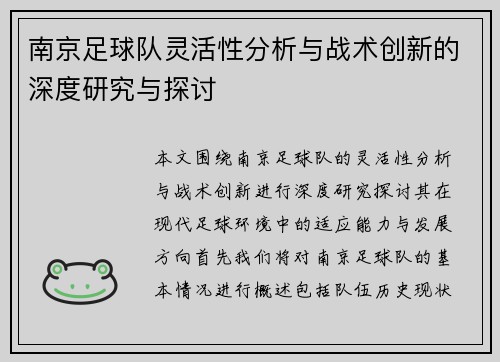 南京足球队灵活性分析与战术创新的深度研究与探讨