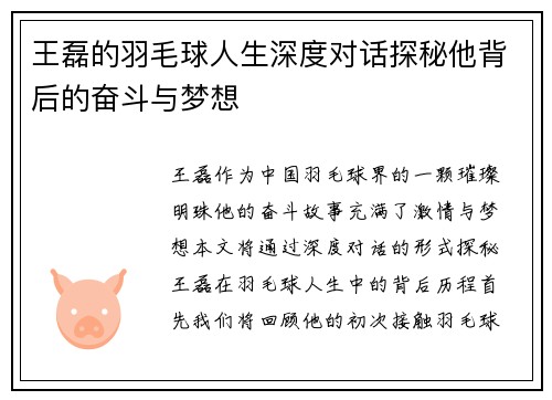 王磊的羽毛球人生深度对话探秘他背后的奋斗与梦想