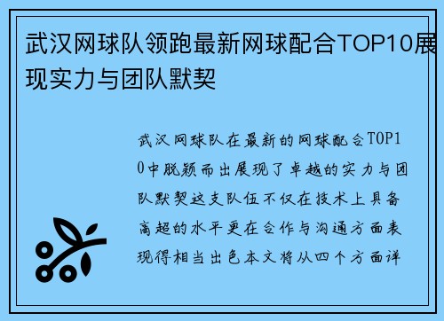 武汉网球队领跑最新网球配合TOP10展现实力与团队默契