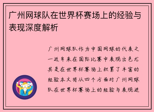 广州网球队在世界杯赛场上的经验与表现深度解析