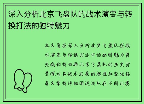 深入分析北京飞盘队的战术演变与转换打法的独特魅力
